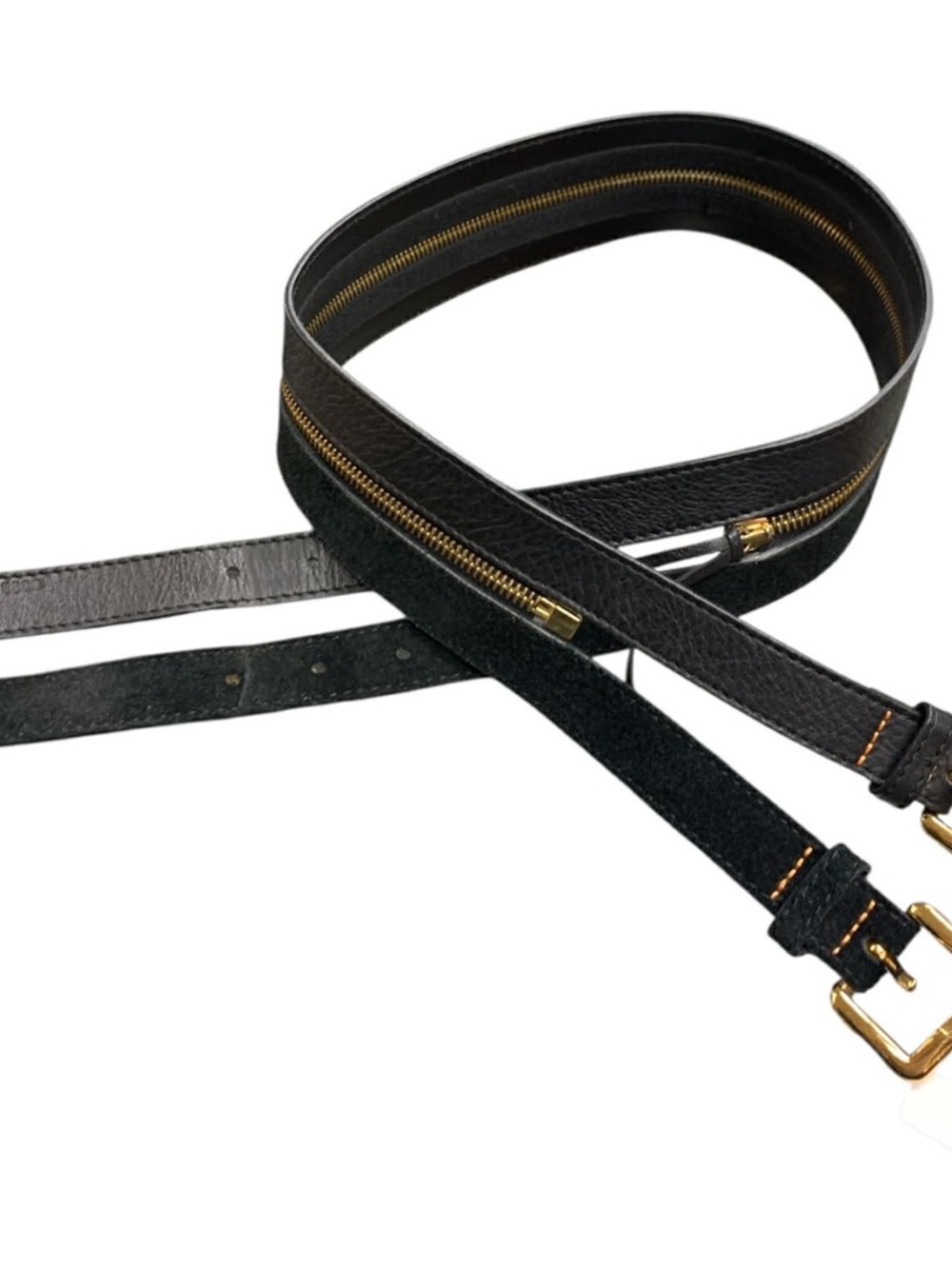 BOSS ORANGE Black Leather Belt Strap with Gold Hardware and Zipper Trim